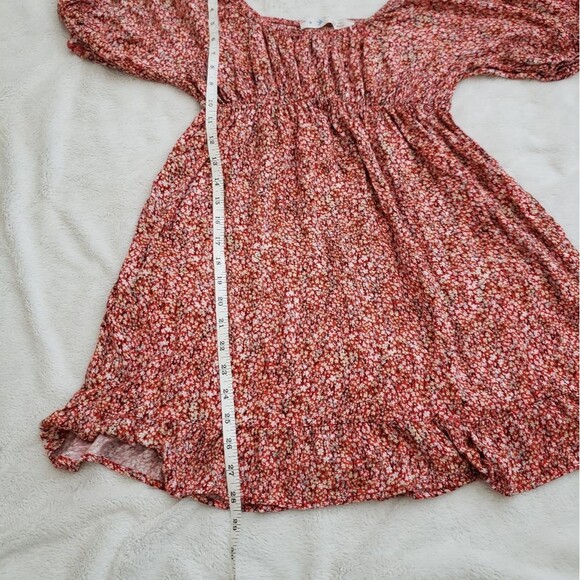 Floral Flowy Mini Short Dress Puff Sleeves Red Size Small - Picture 2 of 9
